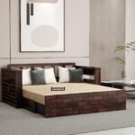 Solid Sheesham Wooden Sofa Cums Bed with Mattresses for Living Room|Rosewood 3-Person Sofa Cums Bed for Bedroom Without Pillow (H-Walnut, 3 Seater)