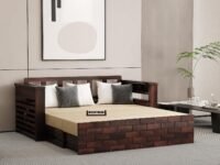 Solid Sheesham Wooden Sofa Cums Bed with Mattresses for Living Room|Rosewood 3-Person Sofa Cums Bed for Bedroom Without Pillow (H-Walnut, 3 Seater)