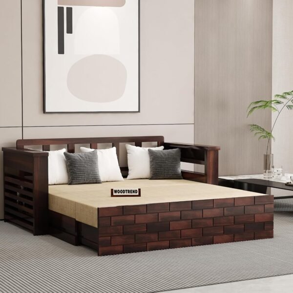 Solid Sheesham Wooden Sofa Cums Bed with Mattresses for Living Room|Rosewood 3-Person Sofa Cums Bed for Bedroom Without Pillow (H-Walnut, 3 Seater)