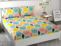 THE HOME STYLE Cotton Feel Glace Elastic Fitted Printed Double Bed King Size Bedsheet With 2 Pillow Cover (72X72, Pastel Palette300 Tc, Multicolor)