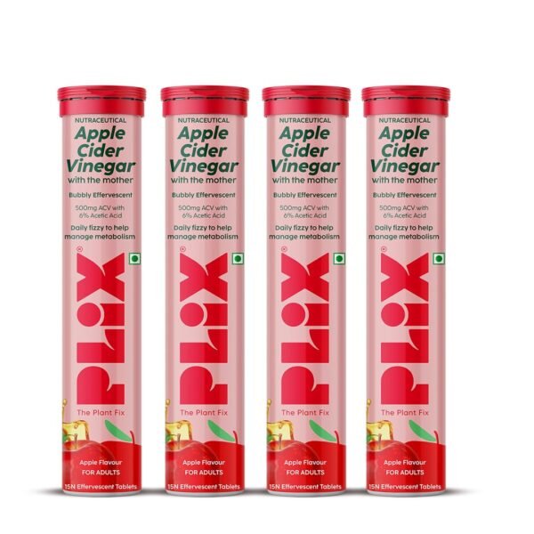 THE PLANT FIX Apple Cider Vinegar Effervescent Tablet with mother | Supports Metabolism & Appetite Control I With 500mg ACV, Vit B6 & B12 I No Maltodextrin, No Added Sugar I Pack of 4 (60 tablets)