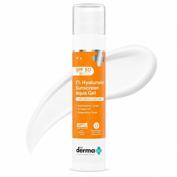 The Derma Co 1% Hyaluronic Sunscreen Aqua Gel SPF 50 PA++++ | Hydrating, Lightweight & Non-Greasy | No White Cast | Broad Spectrum & Blue Light Protection | Clinically Tested - (In-Vivo) | PPD-39 | 50 g