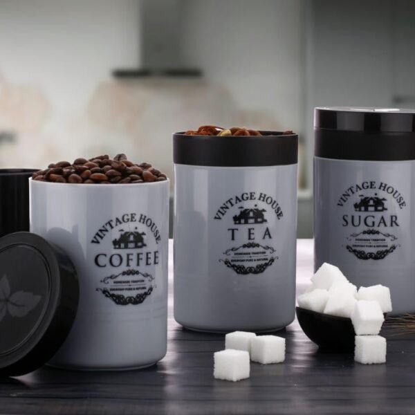 Tosaa Tea Sugar Coffee Container Set Of 3 | Kitchen Counter Top Airtight Storage Canister With Lids (Gray, 800ml, Plastic)
