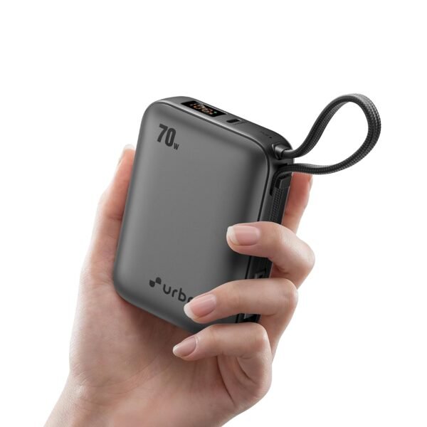 URBN 20000mAh 70W Smallest Rapid Charging Nano Zap Power Bank with Inbuilt USB-C Cable | PD, QC & PPS Compatible | Dual Output Compact Power Bank for Laptop, Smartphone & Tablet (Grey)