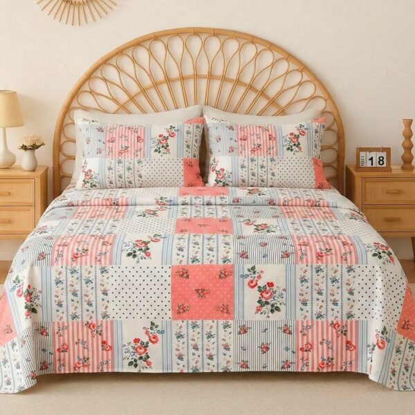 VAS COLLECTIONS Cloud Cotton Double Bedsheet 180 TC | Soft & Breathable Cotton Bedding Set with 2 Pillow Covers | Elegant Floral Printed Bed Sheet for Bedroom & Home | 90x90 Inches (Pastel Patchwork)