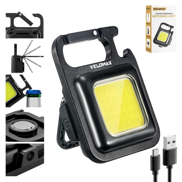 VELOMAX Keychain LED Light 4 Hours Battery Life with Bottle Opener, Magnetic Base and Folding Bracket Mini COB 800 Lumens Rechargeable Emergency Light, Square with 4 Modes