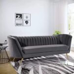 Velvet Couch for Living Room, Mid-Century Modern Chesterfield Sofa 3 Seater Couches Sleeper Sofa with Golden Metal Legs for Living Room Bedroom Office (Dark Grey)
