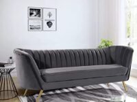 Velvet Couch for Living Room, Mid-Century Modern Chesterfield Sofa 3 Seater Couches Sleeper Sofa with Golden Metal Legs for Living Room Bedroom Office (Dark Grey)