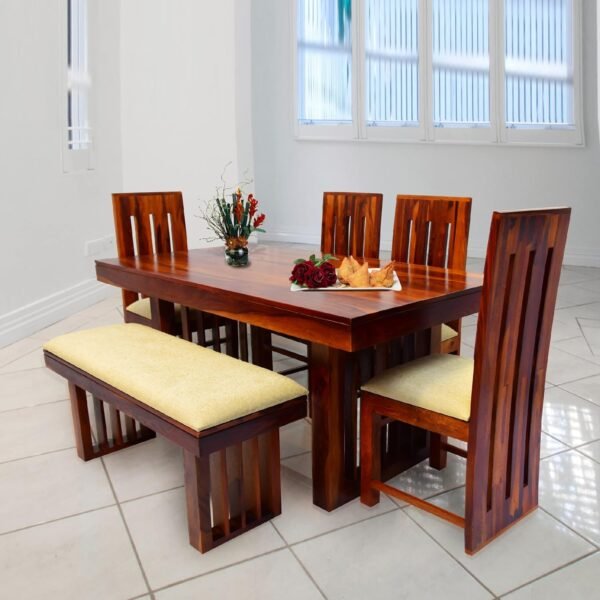 WOODY Furniture™ Sheesham Wood Dining Table 6 Seater | Wooden Six Seater Dinning Table with 4 Chairs and Bench for Home | Dining Room Sets for Restraunts (Sheesham Wood, Honey Finish)