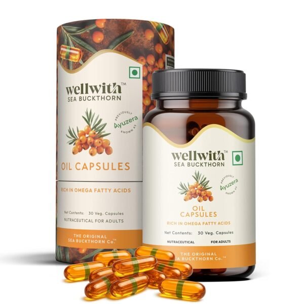 Wellwith (Ayuzera) Sea Buckthorn Berry Oil Vegan Omega 7 500mg, 30 Veg HPMC Capsules (Pack of 1), 15-Day Supply | Seabuckthorn Capsules rich In Omega 3, 6, 7 & 9 For Muscle, Bone, Heart & Skin