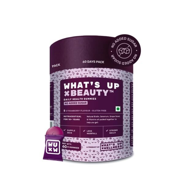 What's Up Wellness Beauty Hair Gummies for Hair Growth, Glowing Skin & Nails | No Added Sugar | Zinc, Folic Acid, Multivitamins | For Men & Women | Natural Biotin Supplement – 60 Days