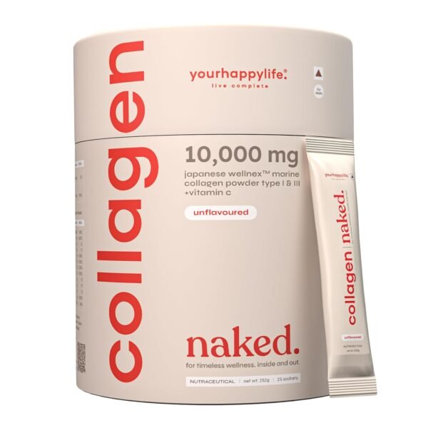 YourHappyLife Naked Japanese Marine Collagen Supplement Type 1 & 3 with Vitamin C for Men & Women|Skin, Joints, Hair & Nails|10000mg Hydrolyzed Peptides Fast Absorption|Pack of 1 (250 gm)-Unflavoured