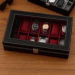 ZENWOOD 12-Slot Watch Box – Black Leatherette with Maroon Velvet | Glass Lid & Removable Pillows | Unisex Organizer Gift