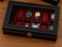 ZENWOOD 12-Slot Watch Box – Black Leatherette with Maroon Velvet | Glass Lid & Removable Pillows | Unisex Organizer Gift