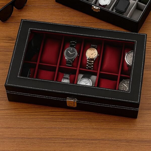 ZENWOOD 12-Slot Watch Box – Black Leatherette with Maroon Velvet | Glass Lid & Removable Pillows | Unisex Organizer Gift
