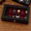 ZENWOOD 12-Slot Watch Box – Black Leatherette with Maroon Velvet | Glass Lid & Removable Pillows | Unisex Organizer Gift