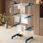 amazon basics Mild Steel Double Supported 3 Layer Cloth Drying Rack | Foldable and Movable | Silver & Teal | Iron, Plastic |