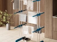 amazon basics Mild Steel Double Supported 3 Layer Cloth Drying Rack | Foldable and Movable | Silver & Teal | Iron, Plastic |