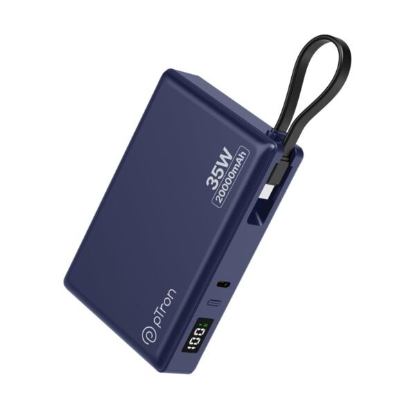 pTron Dynamo Sprint 20000mAh 35W Super Fast Charging, USB Type-C Input Power Bank Compatible with QC3.0/PD3.0, Built-in Charging Cable, 3 Charging Outputs, Type-C Input/Output Port (Indigo Blue)