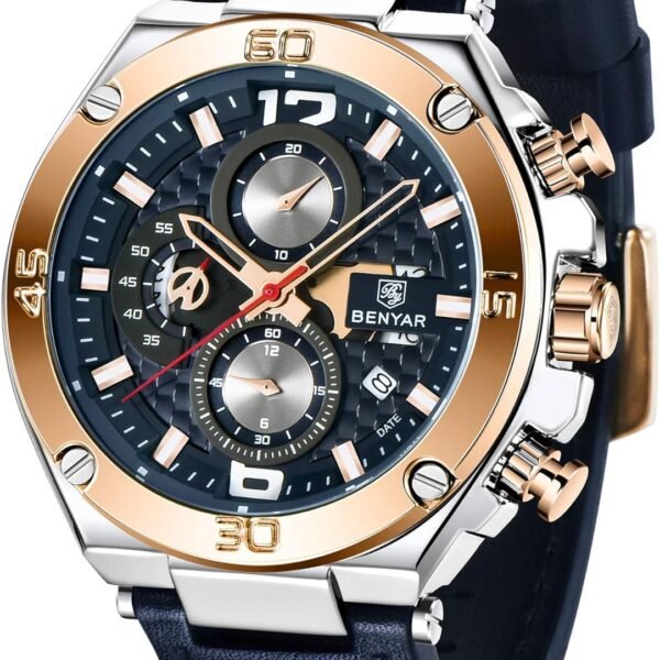 BENYAR Luxury Business Casual Party-Wear Leather Chronograph Date Display Watch for Men