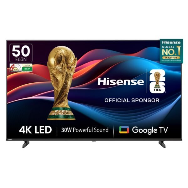 Hisense 126 cm (50 Inches) 4K Ultra HD Smart LED Google TV | Dolby Atmos, HDR10, Super Bright Panel | 30W Powerful Speaker | Google Assistant & Voice Control | 50E63N (Black)