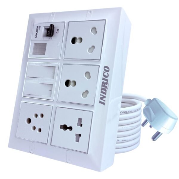 INDRICO 16amps Multi Socket Extension AC Switch Board 15amp with MCB 20A 15A 6A Multi Outlet Box Plug with Copper Cord Heavy Duty Wall Mounted White Pack of 1 (1.5 Meter 4MM (5000W))