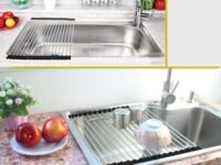 Metal Kitchen Dish Drainer Rack Roll Up Over The Sink | Drying Rack For Kitchen | Sink Organizer | Portable Rack For Crockery, Utensils, Fruits, Vegetables (47X23.5Cm) Black