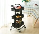 Metal Space Saving Home Storage Organizer Racks and Self with Wheel 3-Tier Kitchen Storage Trolley Rack with Caster Wheels Rolling Cart Utility Space (Black)