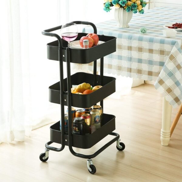 Metal Space Saving Home Storage Organizer Racks and Self with Wheel 3-Tier Kitchen Storage Trolley Rack with Caster Wheels Rolling Cart Utility Space (Black)