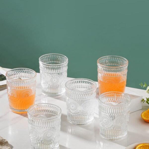 Nestasia Set of 6 Embossed Glass Tumblers (250 ml Each) | Vintage Pressed Textured Glassware for Hot & Cold Beverages | Microwave & Dishwasher Safe Transparent Tumblers for Water, Juice & Mocktails