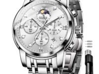 OLEVS Chronograph Watches for Men Original Analog Quartz Black Stainless Steel Chain Luxury Dual Time Zone Moon Phase Date Waterproof Men's Wrist Watch