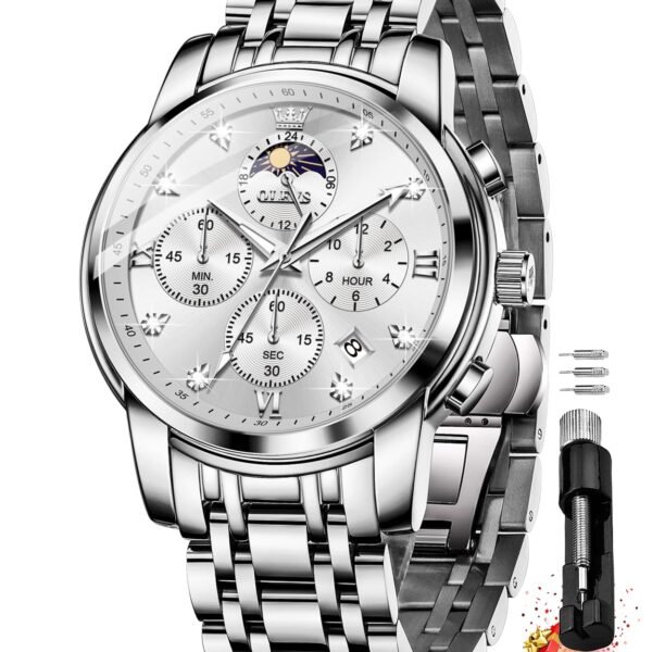 OLEVS Chronograph Watches for Men Original Analog Quartz Black Stainless Steel Chain Luxury Dual Time Zone Moon Phase Date Waterproof Men's Wrist Watch