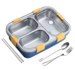 PRIME DEALS Lunch Box Sealed Leakage Proof Stainless Steel Lunch Box with Fork Chopstick&Spoon Lid Office Food Container for School Kids and Adults 750ml (Blue, 3 Compartment)