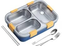PRIME DEALS Lunch Box Sealed Leakage Proof Stainless Steel Lunch Box with Fork Chopstick&Spoon Lid Office Food Container for School Kids and Adults 750ml (Blue, 3 Compartment)