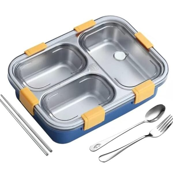 PRIME DEALS Lunch Box Sealed Leakage Proof Stainless Steel Lunch Box with Fork Chopstick&Spoon Lid Office Food Container for School Kids and Adults 750ml (Blue, 3 Compartment)