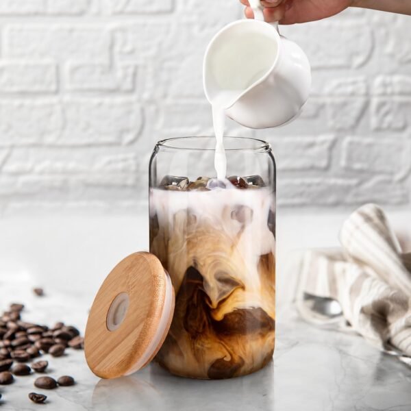 SKDBPM Ice Juice Drinks Glass Mug with Straw for Milk/Coffee/Green Tea Cup Set of 1-510ml Transparent Printed Can Shape Cup (Pack of 1) (Wooden LID CAN)