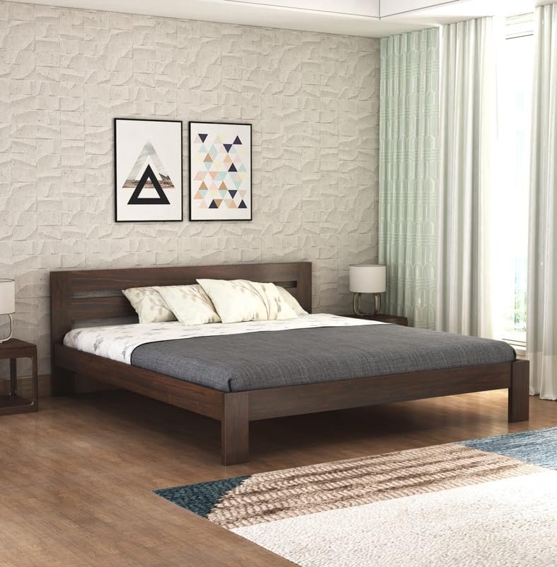 Solid Sheesham Wood King Size Bed Without Storage | Wooden Double Bed Cot Palang Furniture for Bedroom Living Room and Home | Walnut Finish, Mattress Size: 78 X 72 Inch