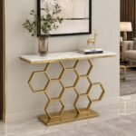 The Attic Lamda Console Table for Living Room, Sintered Marble + Iron, White + Gold Matt Finish
