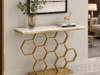 The Attic Lamda Console Table for Living Room, Sintered Marble + Iron, White + Gold Matt Finish