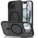 TheGiftKart Hybrid Back Cover Case for iPhone 14 Plus / 15 Plus | Built-in Stand | Shockproof Hard Back Case Cover for iPhone 14+ / 15+ (PC & TPU, Frosted Matte Back, MagSafe Compatible, Black Sides)