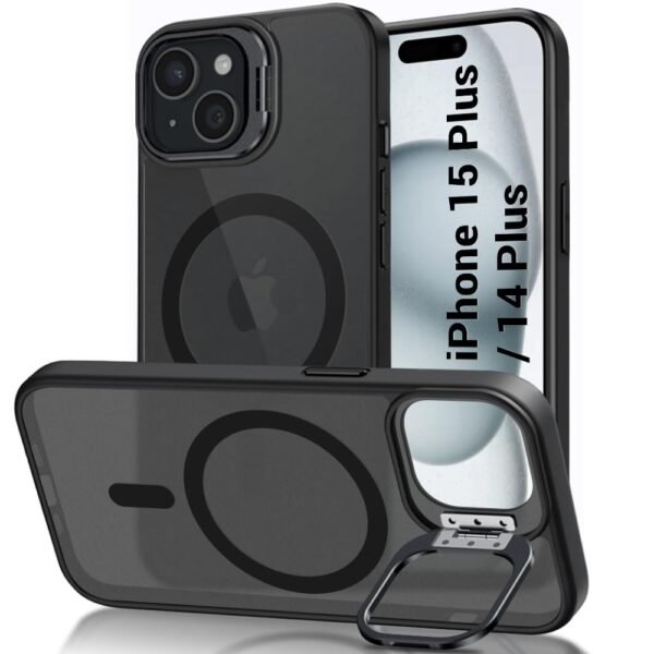 TheGiftKart Hybrid Back Cover Case for iPhone 14 Plus / 15 Plus | Built-in Stand | Shockproof Hard Back Case Cover for iPhone 14+ / 15+ (PC & TPU, Frosted Matte Back, MagSafe Compatible, Black Sides)