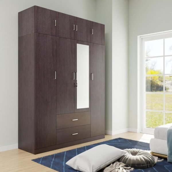 VIKI Wardrobe | Wooden Almirah for Clothes,Door for Bedroom with Loft, 4 Door Wardrobe with Drawer, Mirror & Hanging Space (Dark Wenge - 40D x 160W x 220H) | 1 Year Warranty | Free Assembly
